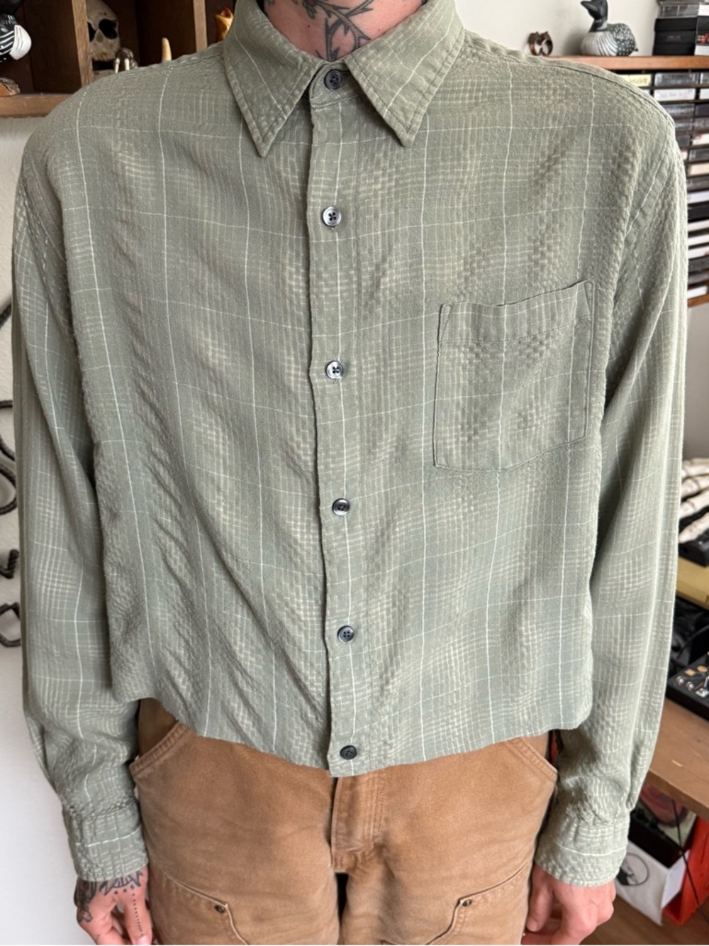Vintage 90s 2000s Cropped Herringbone Seersucker Plaid L/S Shirt ~ Size Medium